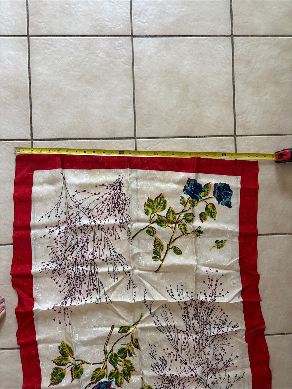 Vintage Floral Silk-Style Square Scarf - Red Border, Cream & Mixed Floral Center - Picture 4 of 7